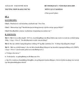Đề thi học kỳ 1 năm học 2014-2015 môn vật lý khối 10 (thời gian 45 phút)